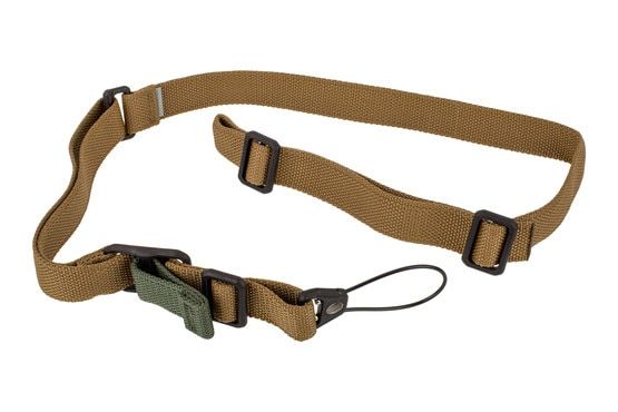 Blue Force Gear Vickers Standard AK sling in Coyote with the molded Universal Wire Loop for quiet and secure installation.